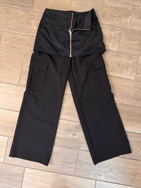 Zara Black Cargo Skirt-Overlay Wide Leg Pants